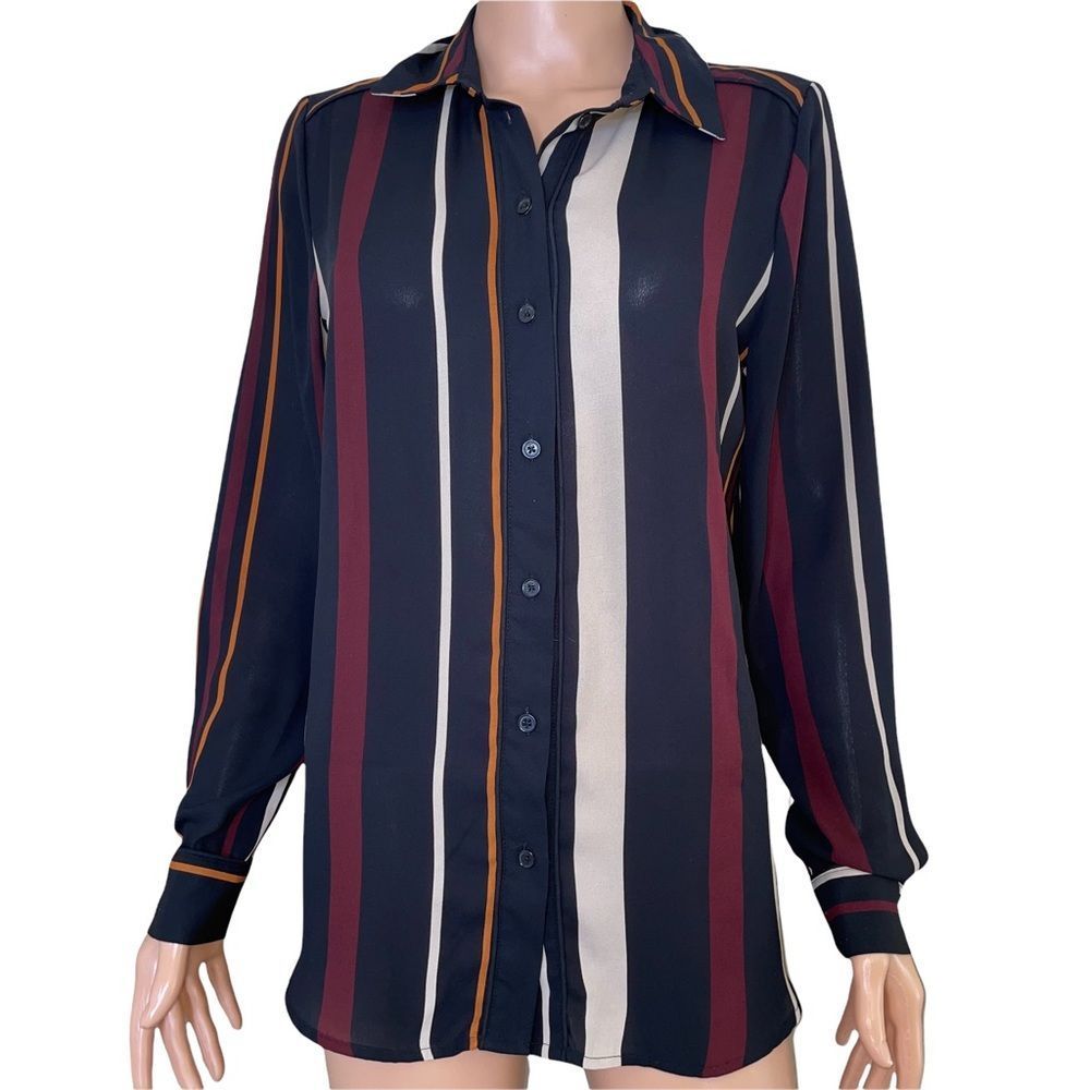 Who What Wear Navy Striped Button-Down Shirt with Burgundy, Cream & Mustard